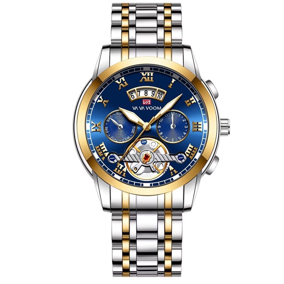 Tourbillon Glow in the Dark Sports Men's Watch, Silver/Gold/Blue