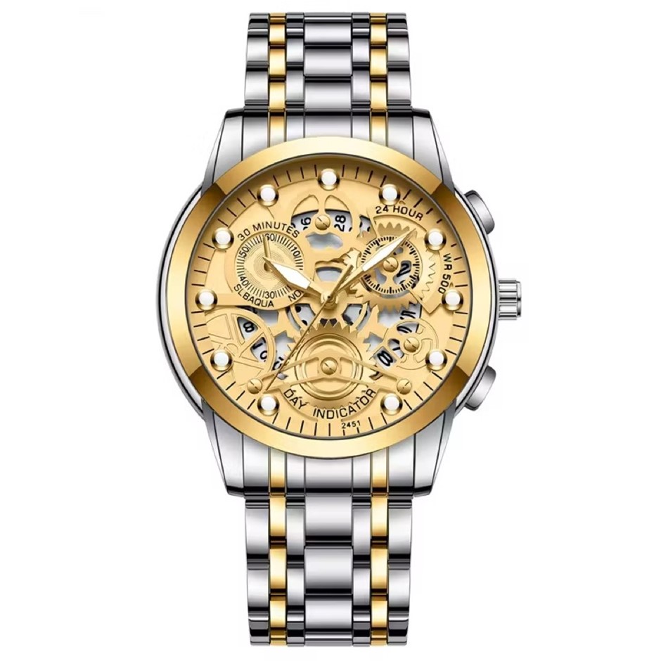 Men's Quartz Watch, Skeleton Design & Mechanical Style, Silver/Gold