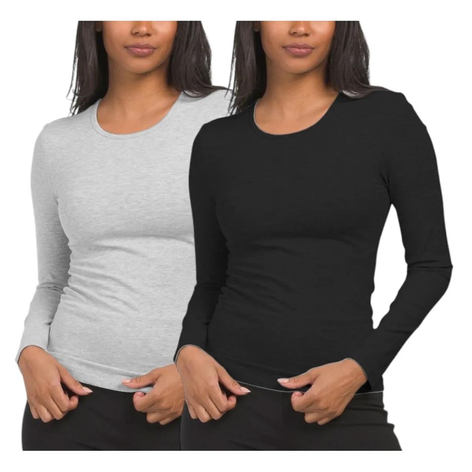 2-Pack YOGALICIOUS Women's Long Sleeve Heavenly Ribbed Tee, Size XL, Grey/B