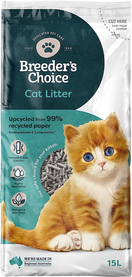 2 x BREEDER'S CHOICE 99% Recycled Paper Cat Litter, 15 Litre. NB: Damaged p