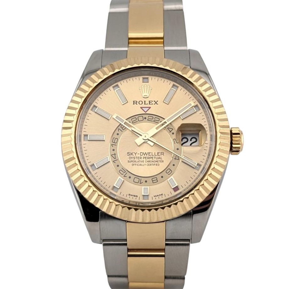 ROLEX SKY-DWELLER AUTOMATIC 42MM STEEL & YELLOW GOLD 326933 CHAMPAGNE BXP