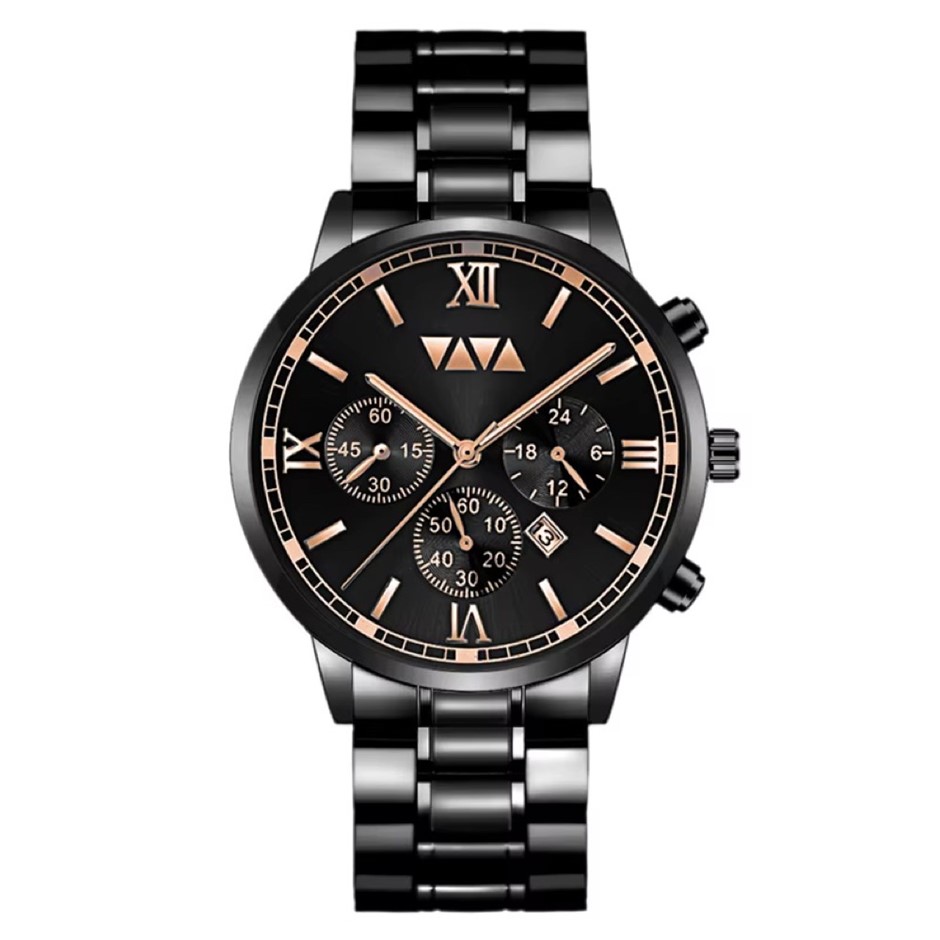 Men's Fashion Calendar Luxury Stainless Steel Watch - Black/Rose Gold