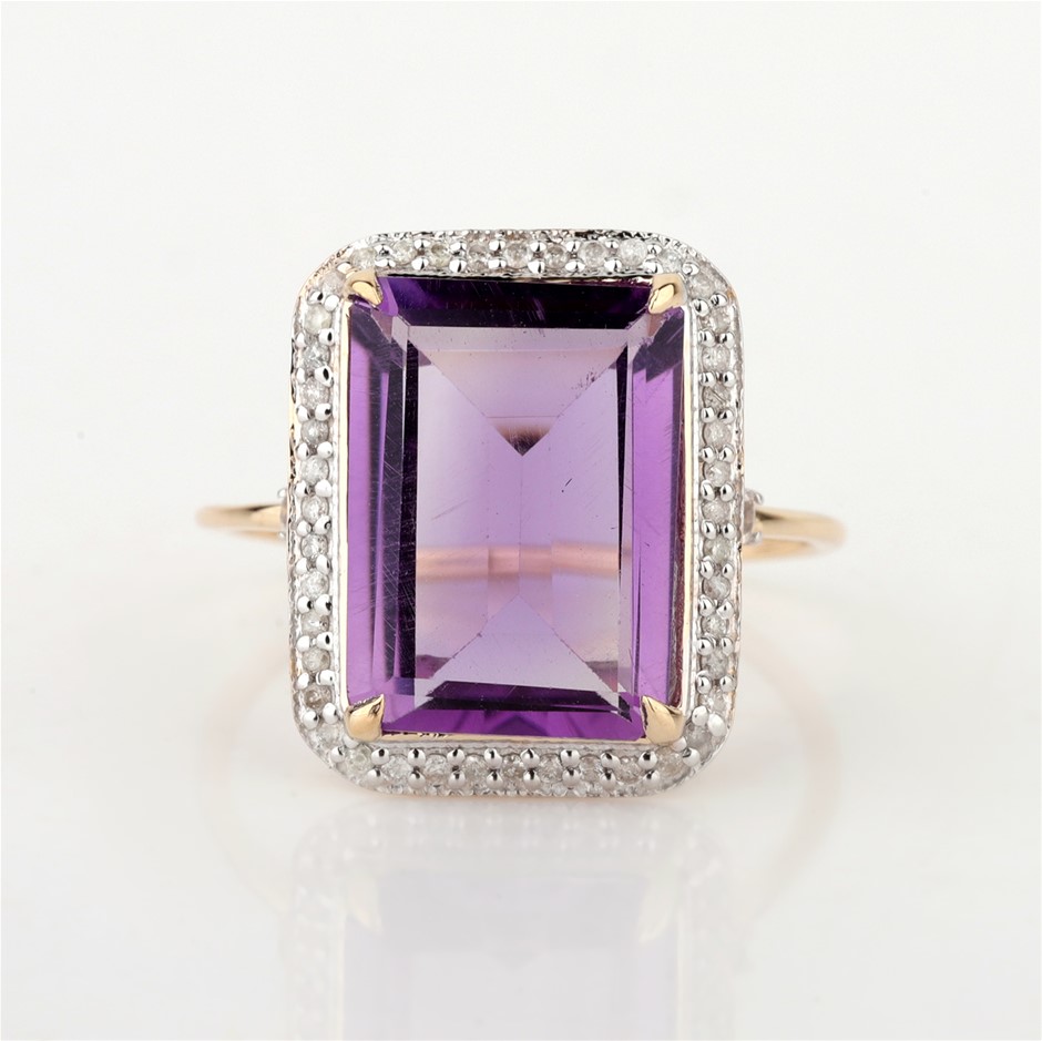 Yellow Gold Natural Amethyst & Diamond Ring with IGI valuation