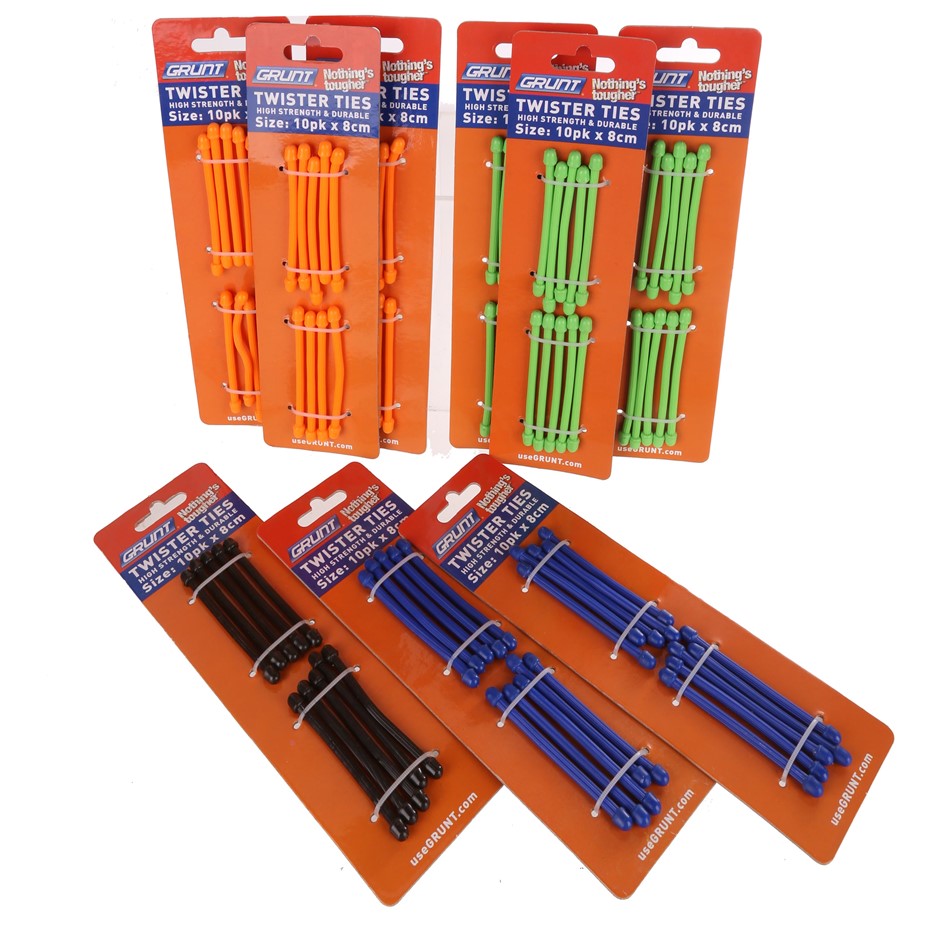 9 Packs of 10 x GRUNT Twister Ties 8cm, High Strength, Mixed Colours.