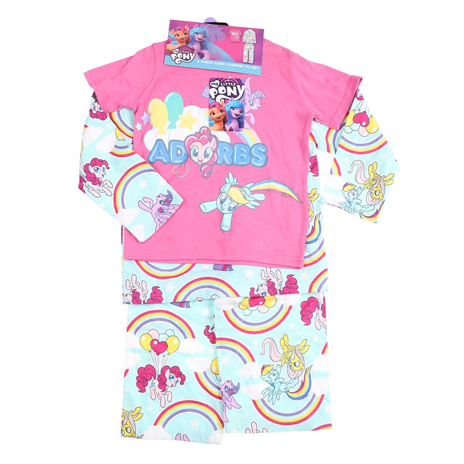 MY LITTLE PONY Girl's 3pc Glow Flannel PJ Set, Size 5, Aqua. Buyers Note -