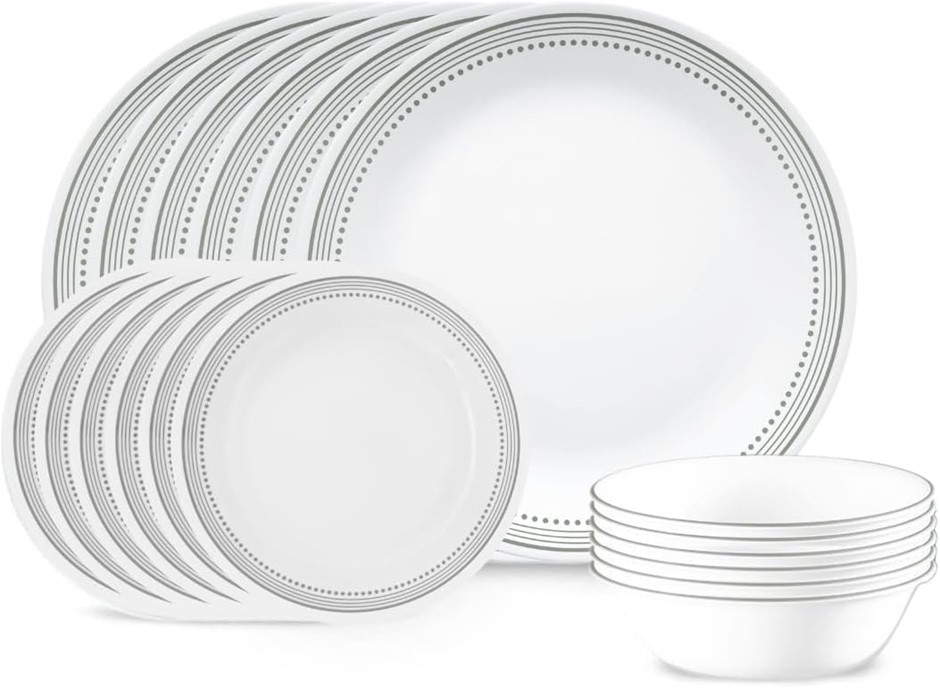 CORELLE Classic Dinnerware Set , 18 Pieces, Mystic Gray. NB: 3 Dinner Plate