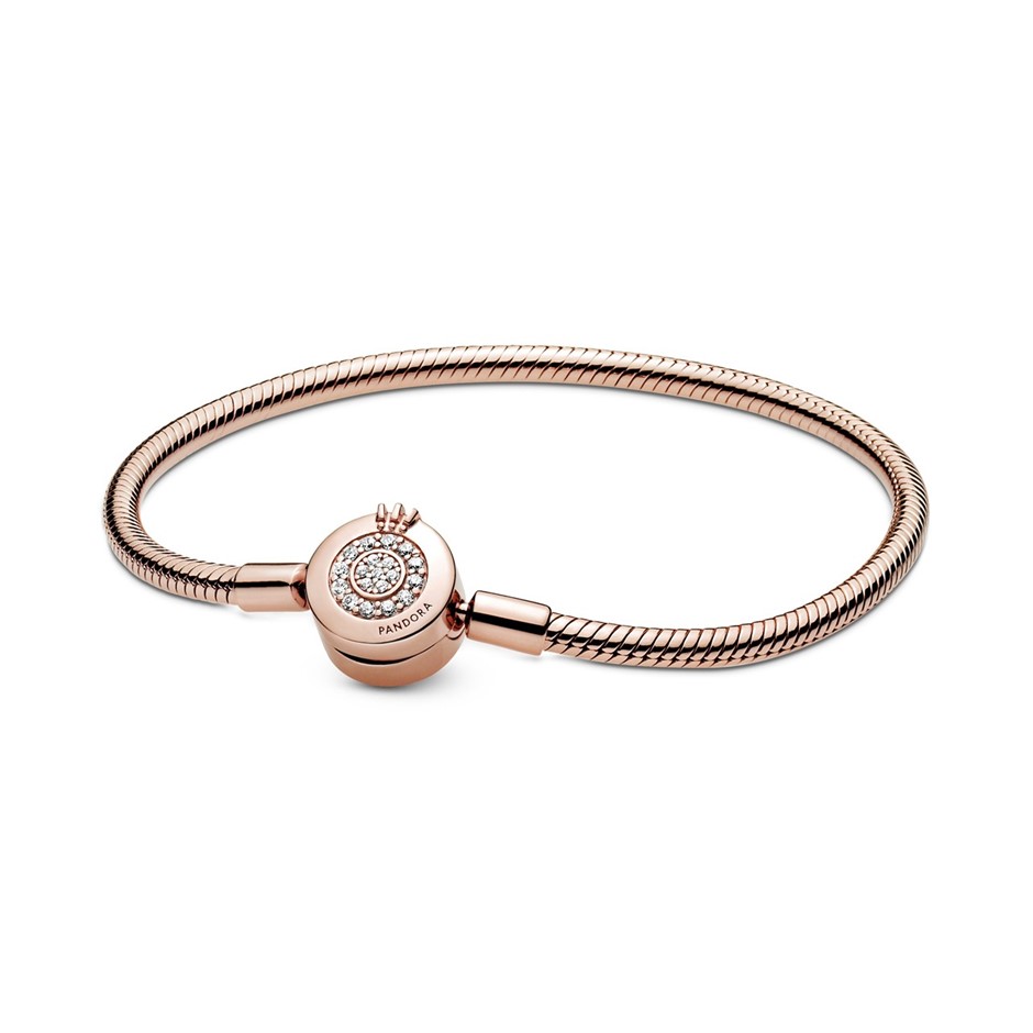 Pandora Rose Snake Chain Bracelet w Crown O Clasp & CZ