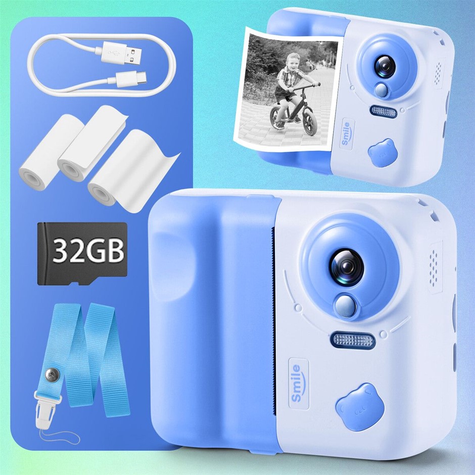 Kids Instant Camera 1080P HD Video Selfie Photo Printer 32GB SD Card - Blue