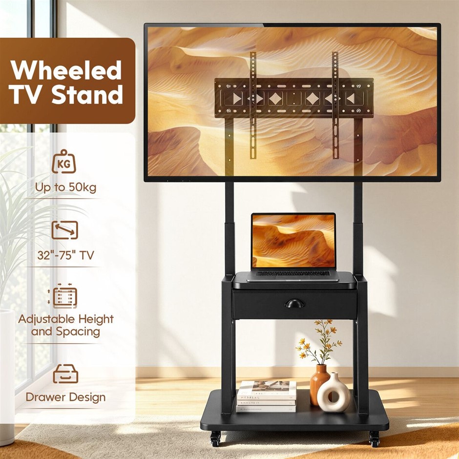 32-75" Mobile TV Stand Trolley with Storage Drawer & Adjustable Wheels 50kg