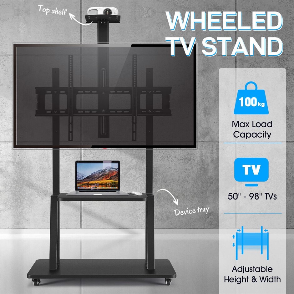 50-98" Mobile TV Stand Trolley with Storage Shelf Adjustable Wheels
