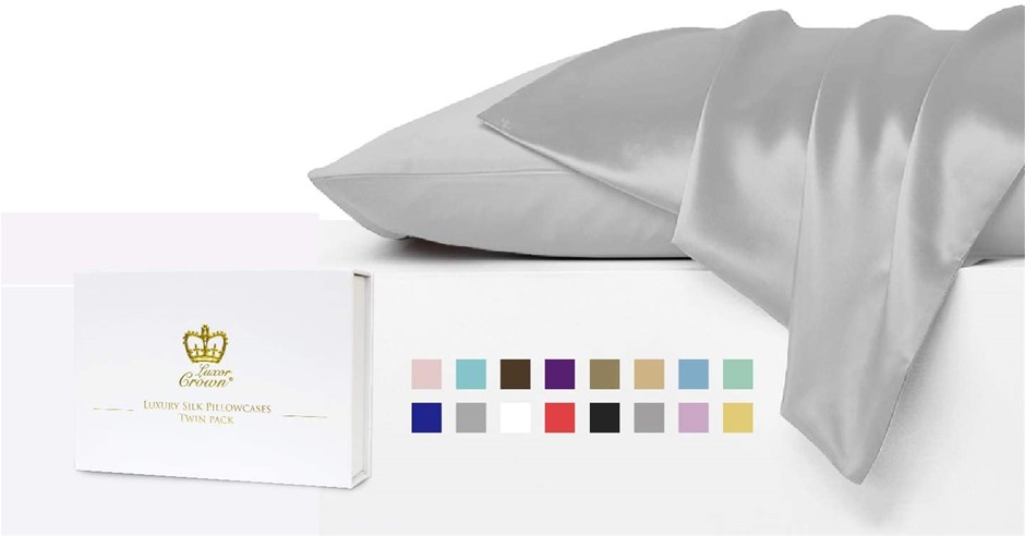 LUXOR Crown Set of 2 Mulberry Silk Standard Pillowcases, Silver.