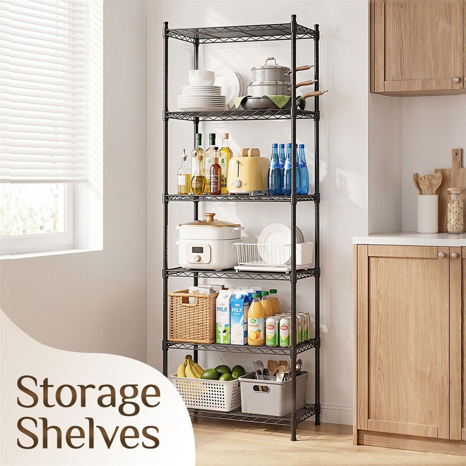 6 Tier Metal Wire Storage Shelf Rack with Wheels Shelves Levelling Feet