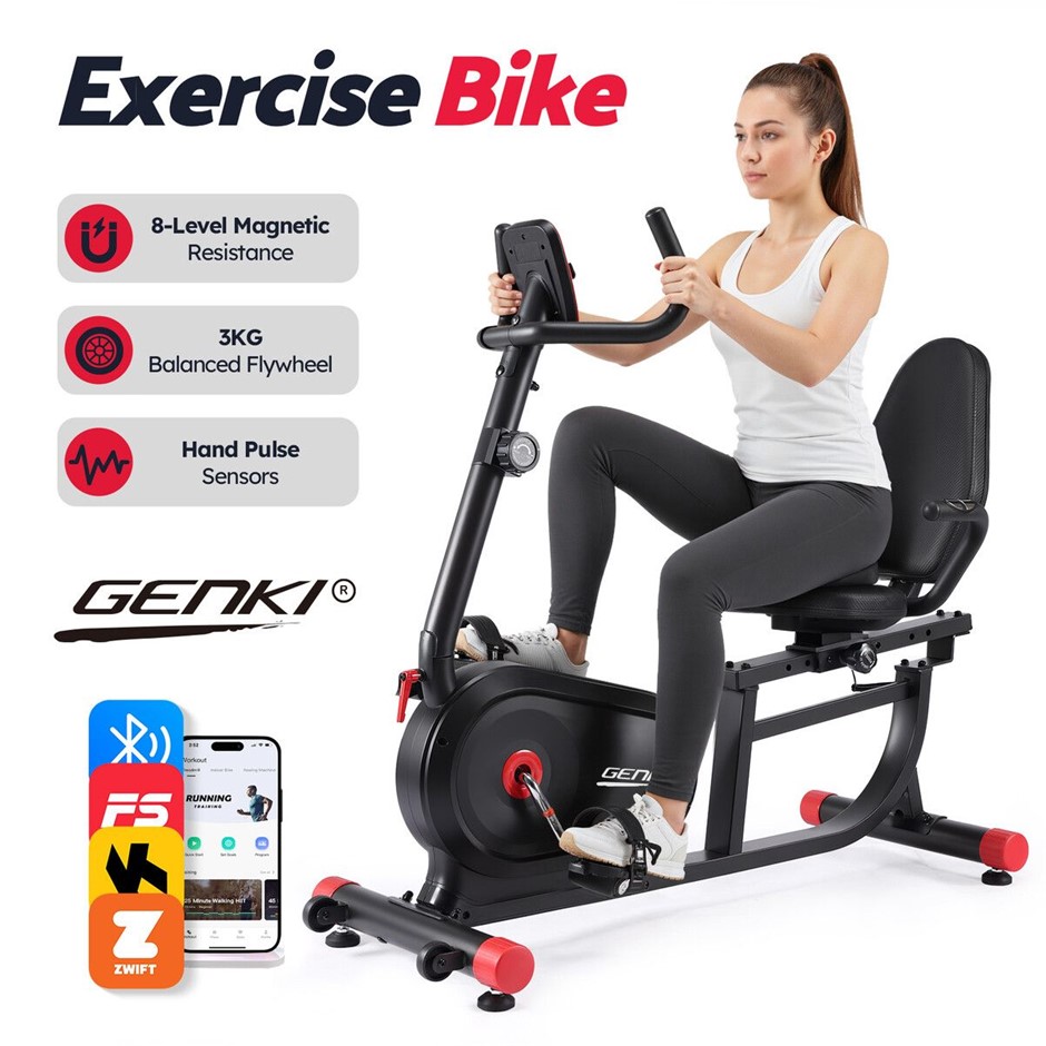 GENKI Recumbent Exercise Bike Magnetic Bluetooth App Adjustable Home Cardio