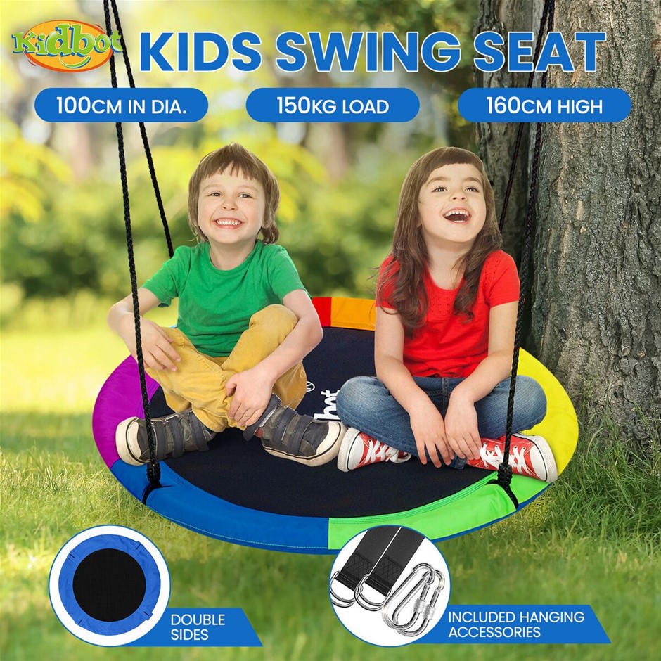 KIDBOT 100cm 2-SidedTree Swing Seat Kids Round Flying Saucer 150kg w/ Strap