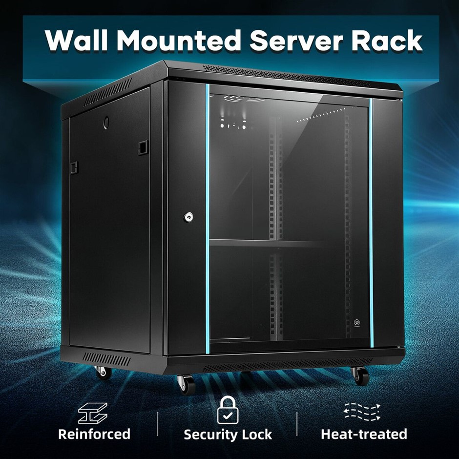 12U 23Inch Server Rack Cabinet Wall Mount 600mm Deep Glass Door Wheels