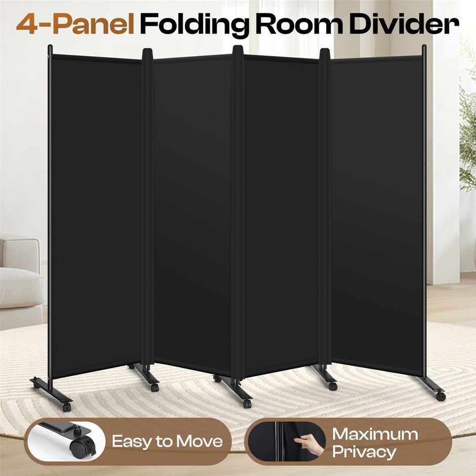 4Panel Folding Room Divider Privacy Screen w/Lockable Wheels Portable Black