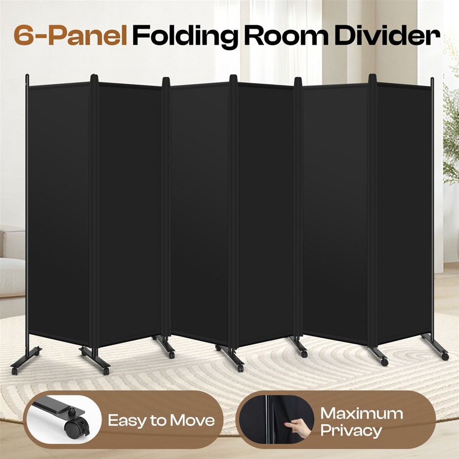 6Panel Folding Room Divider Privacy Screen w/Lockable Wheels Portable Black