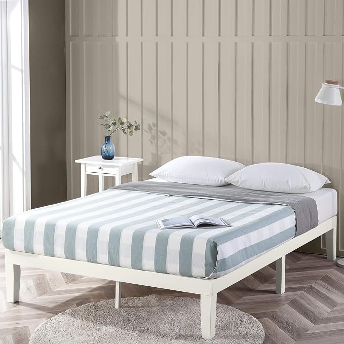 ZINUS Moiz White Timber Double Bed Frame, Wood Platform Mattress Foundation