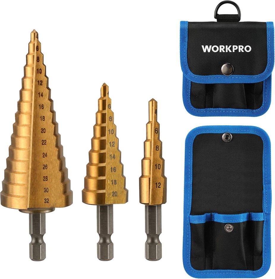 WORKPRO 3-Piece Step Drill Bit Set, 1/4" Hex Shank Quick Change High Speed