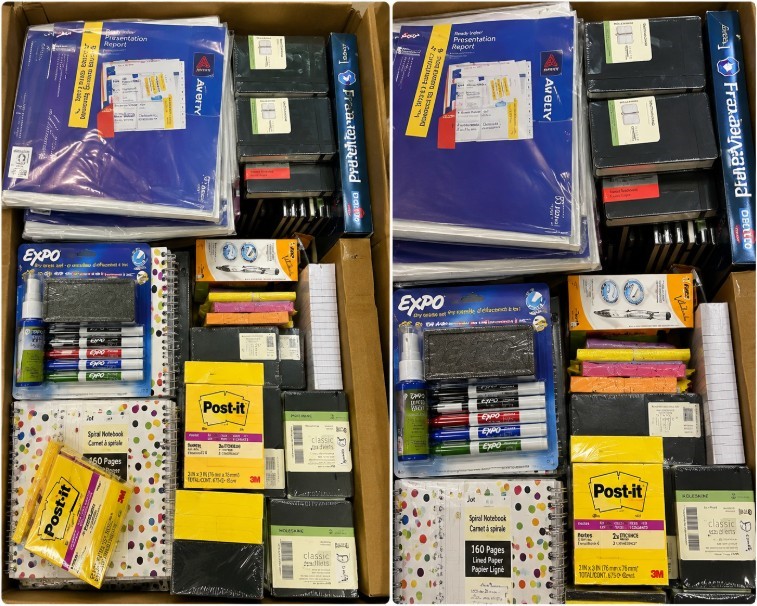 BOX OF ASSORTED OFFICE & STATIONERY SUPPLIES: Folders, Binders, Markers, Pa