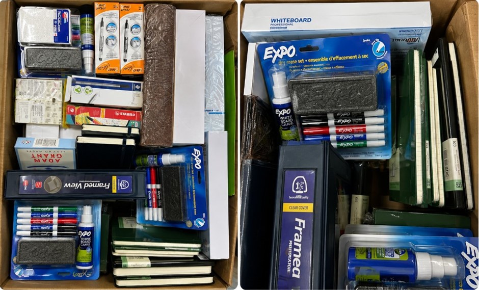 BOX OF ASSORTED OFFICE & STATIONERY SUPPLIES: Folders, Binders, Markers, Pa
