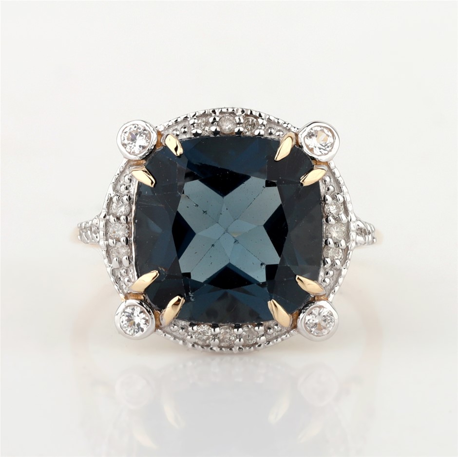 Yellow Gold Natural London Blue Topaz / Natural White Topaz & Diamond Ring 