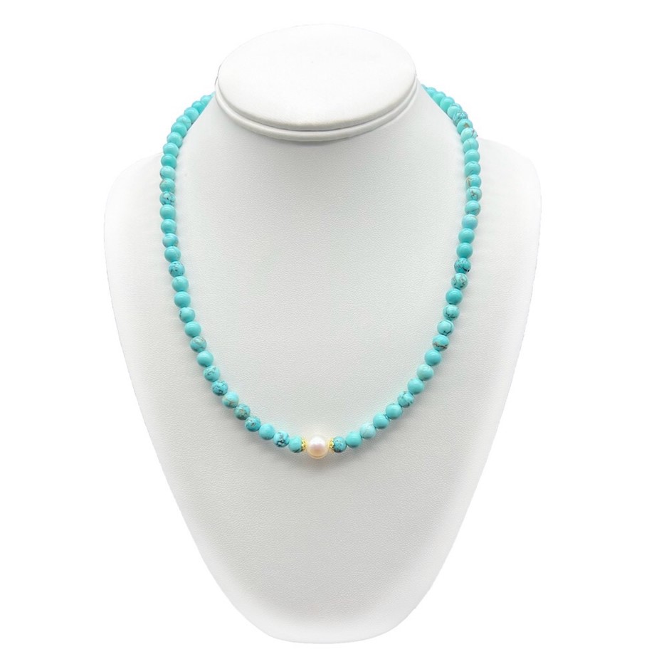 10mm White Pearls with Turquoise Gemstone Necklace