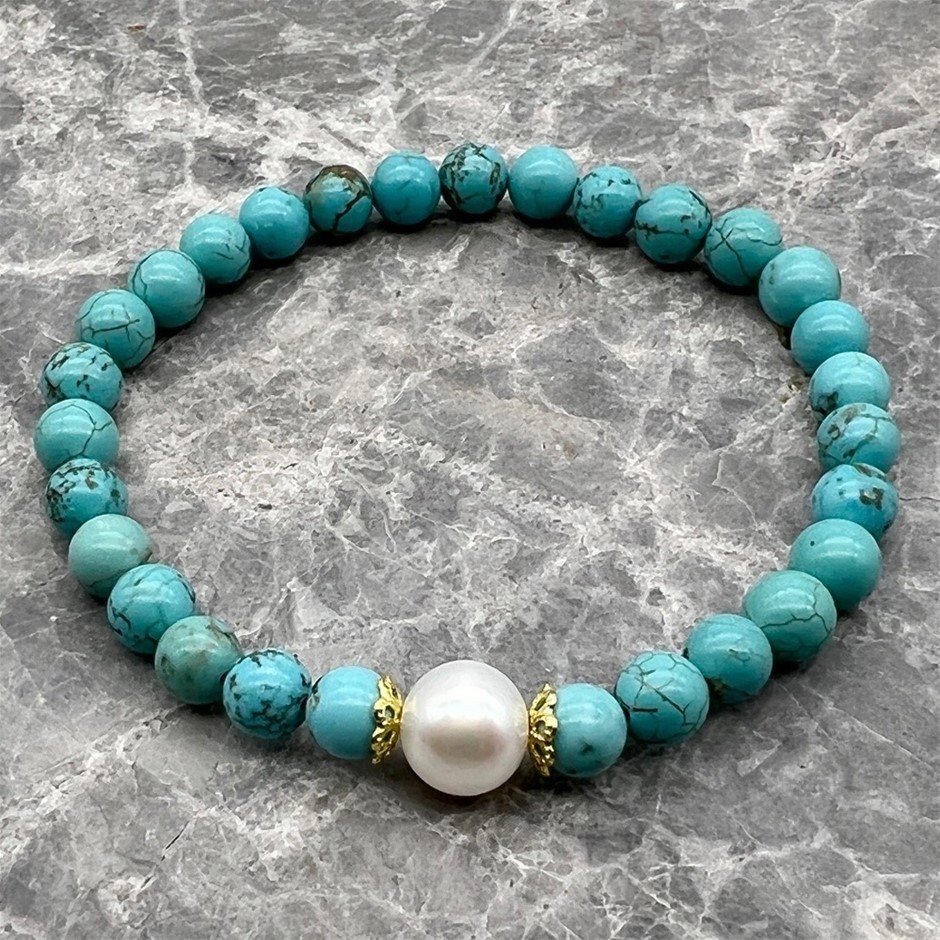 10mm White Pearls with Turquoise Gemstone Bracelet