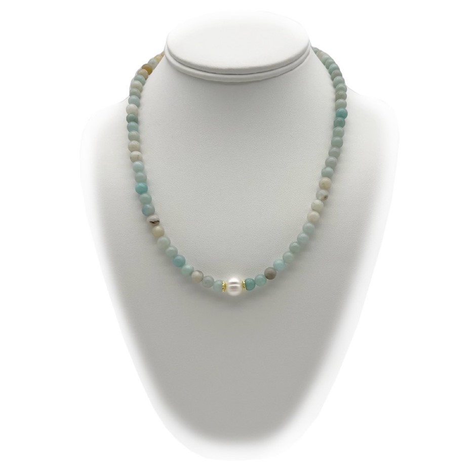 10mm White Pearls with Amazonite Gemstone Necklace