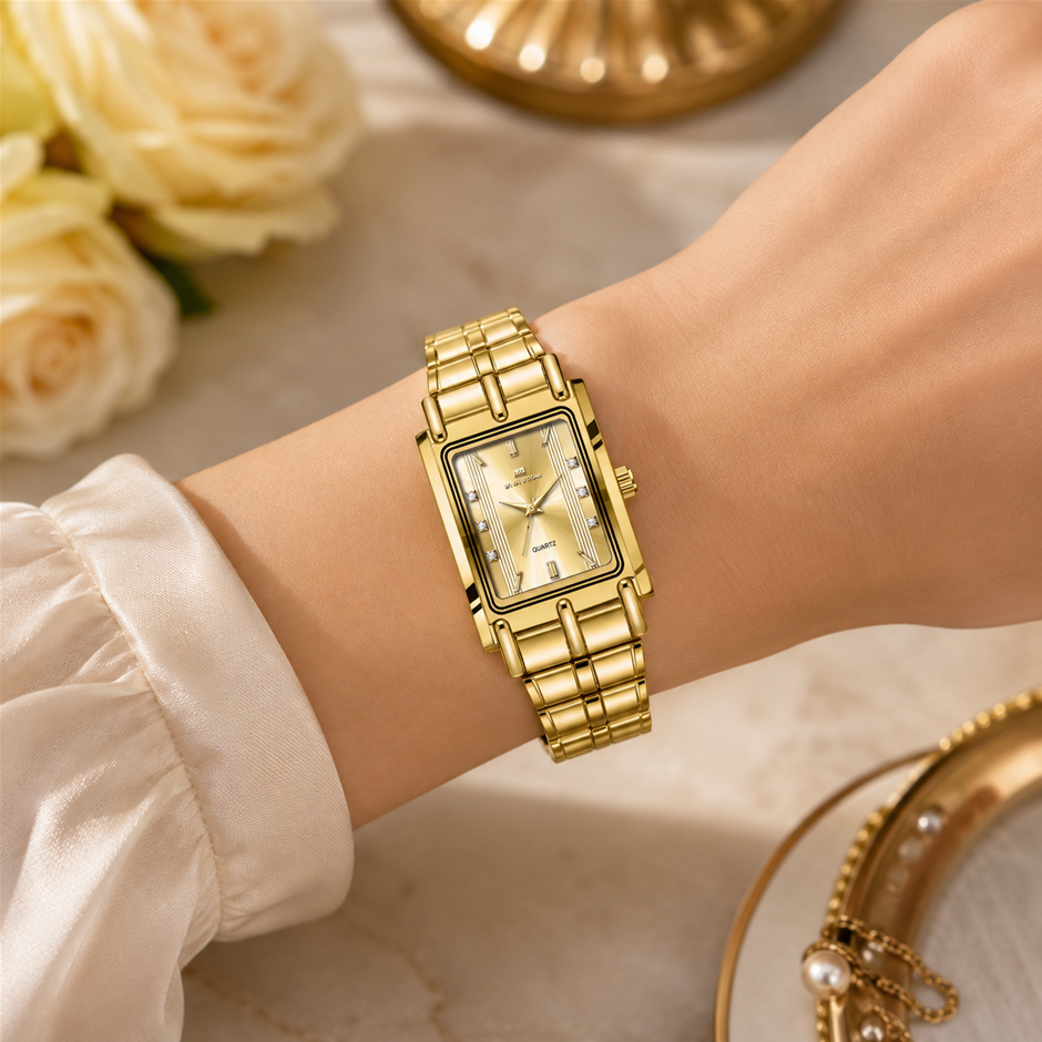 Women's Rectangle Stainless Steel Band Quartz Watch - Gold