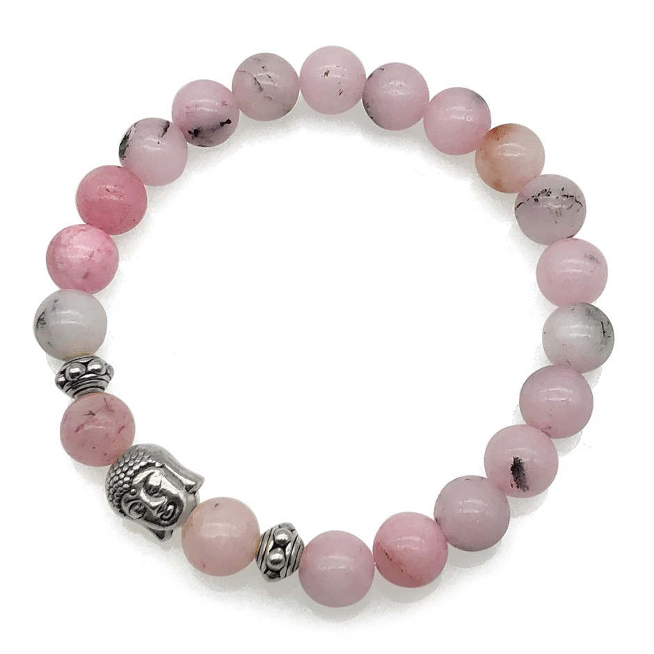 8mm Cherry Blossom & Antique Silver Buddha Charm Beaded Bracelet