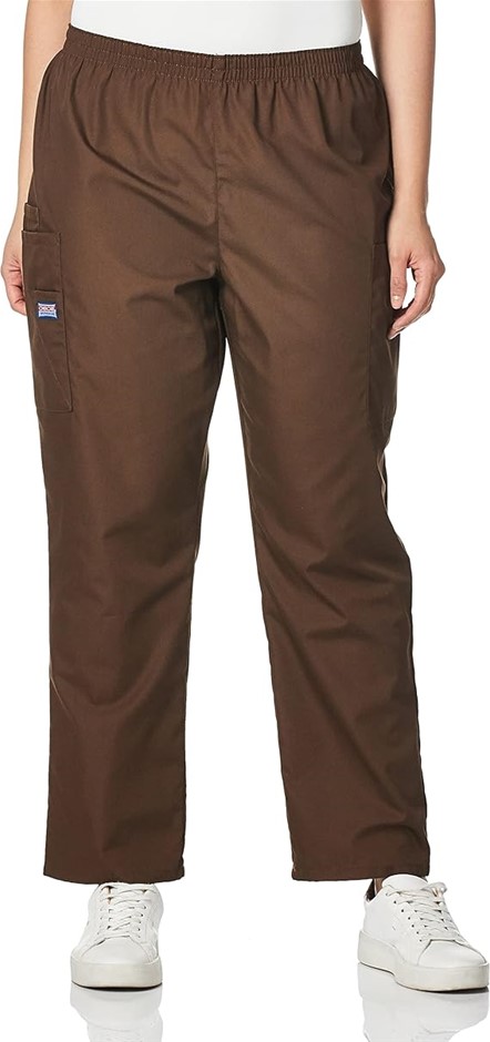 CHEROKEE Women's Elastic Waist Cargo Scrub Pants, Size M, Chocolate. Buyer