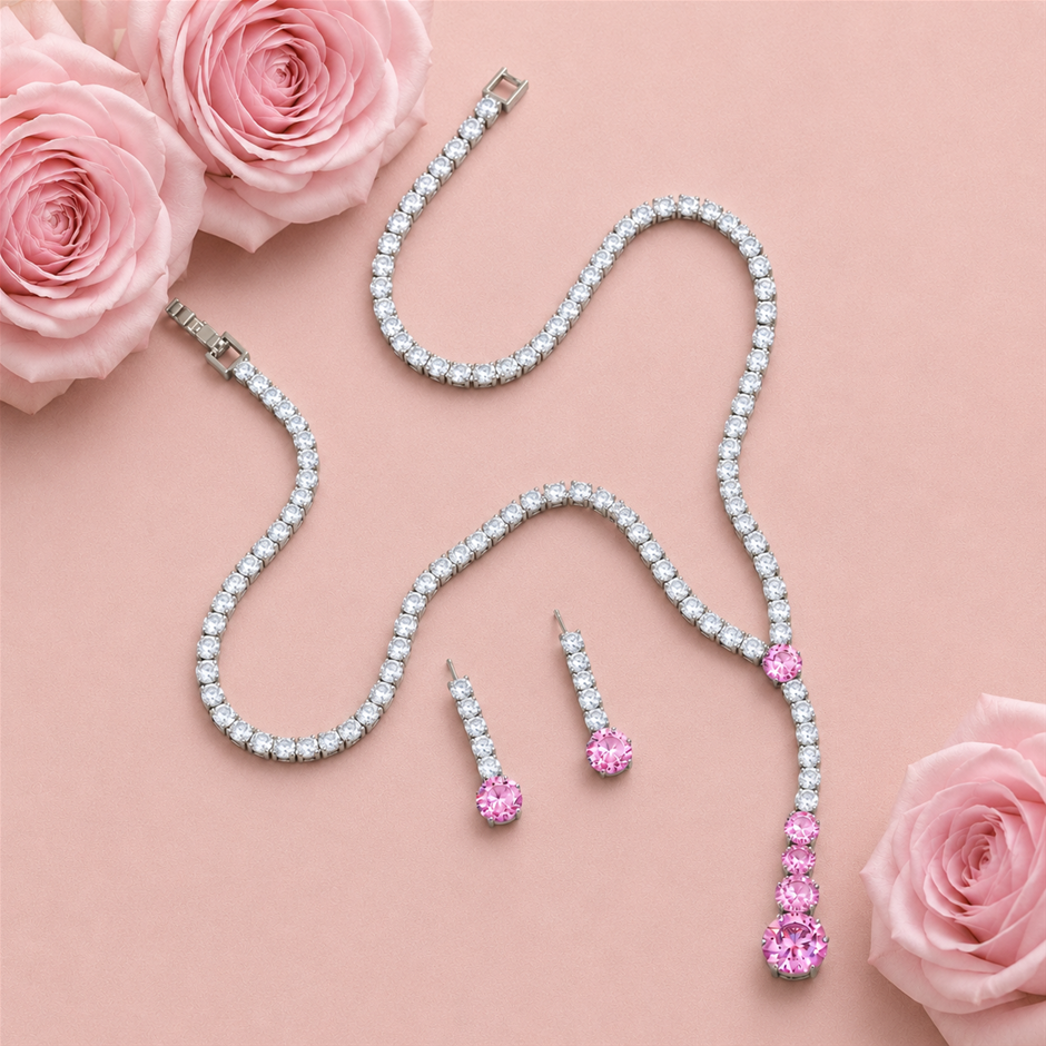 Long AAA+ Cubic Zirconia Tennis Necklace and Earring Jewellery Set