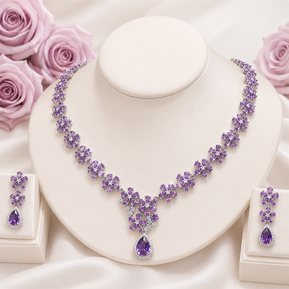 Purple Flower with Large Teardrop AAA+ Cubic Zirconia Jewellery Set