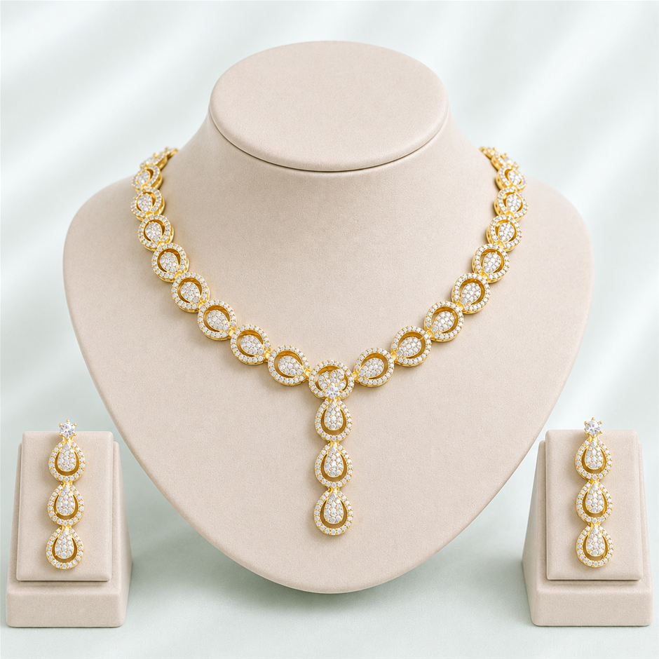 Tear Drop Link AAA+ Cubic Zirconia 14k Gold Plated Jewellery Set