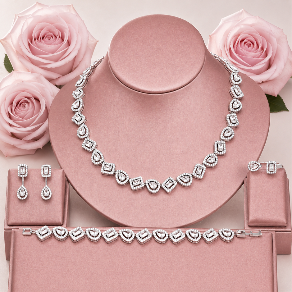 4pc AAA+ Cubic Zirconia Alternating Link Jewellery Set