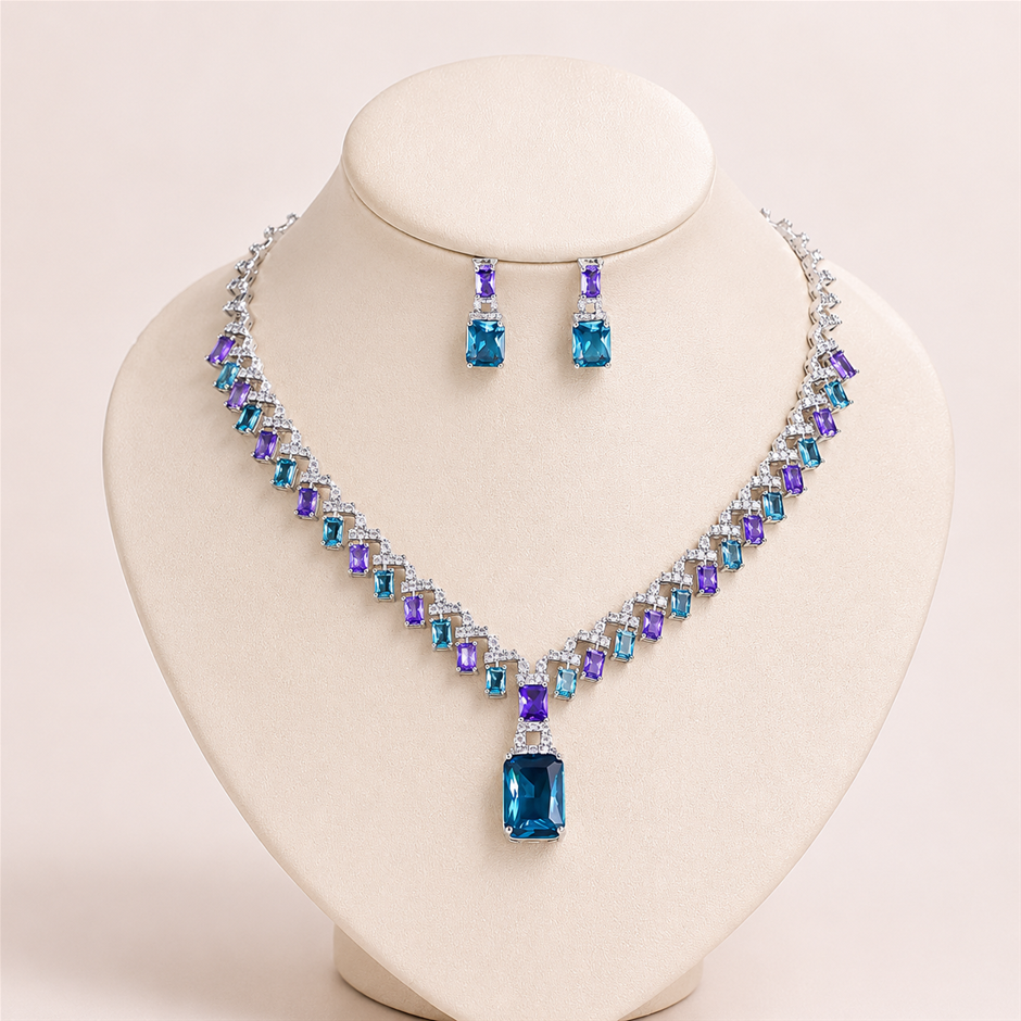 Beautiful Purple Blue AAA+ Cubic Zirconia Dangling Drop Jewellery Set
