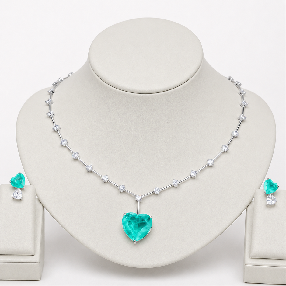 Large Green Love Heart Pendant Necklace and Earrings Jewelry Set