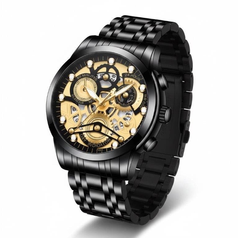 Jewelz Merchants Men’s Luxury Black & Gold-Tone Skeleton-Style Watch