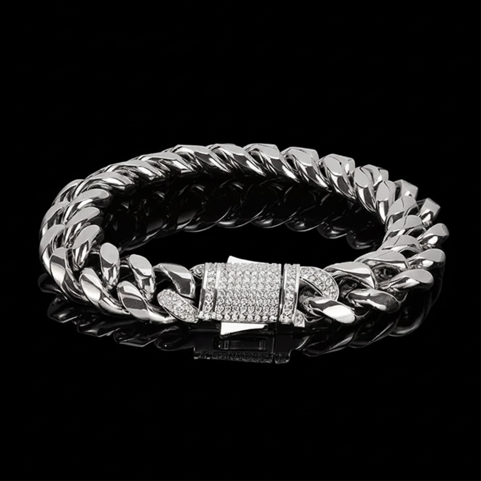 Silver-Filled Cuban Chain Bracelet with AAA+ Cubic Zirconia - 12MM-22.8cm