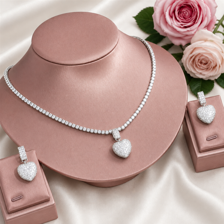 Heart Pendant AAA+ Cubic Zirconia Necklace and Earrings Jewellery Set