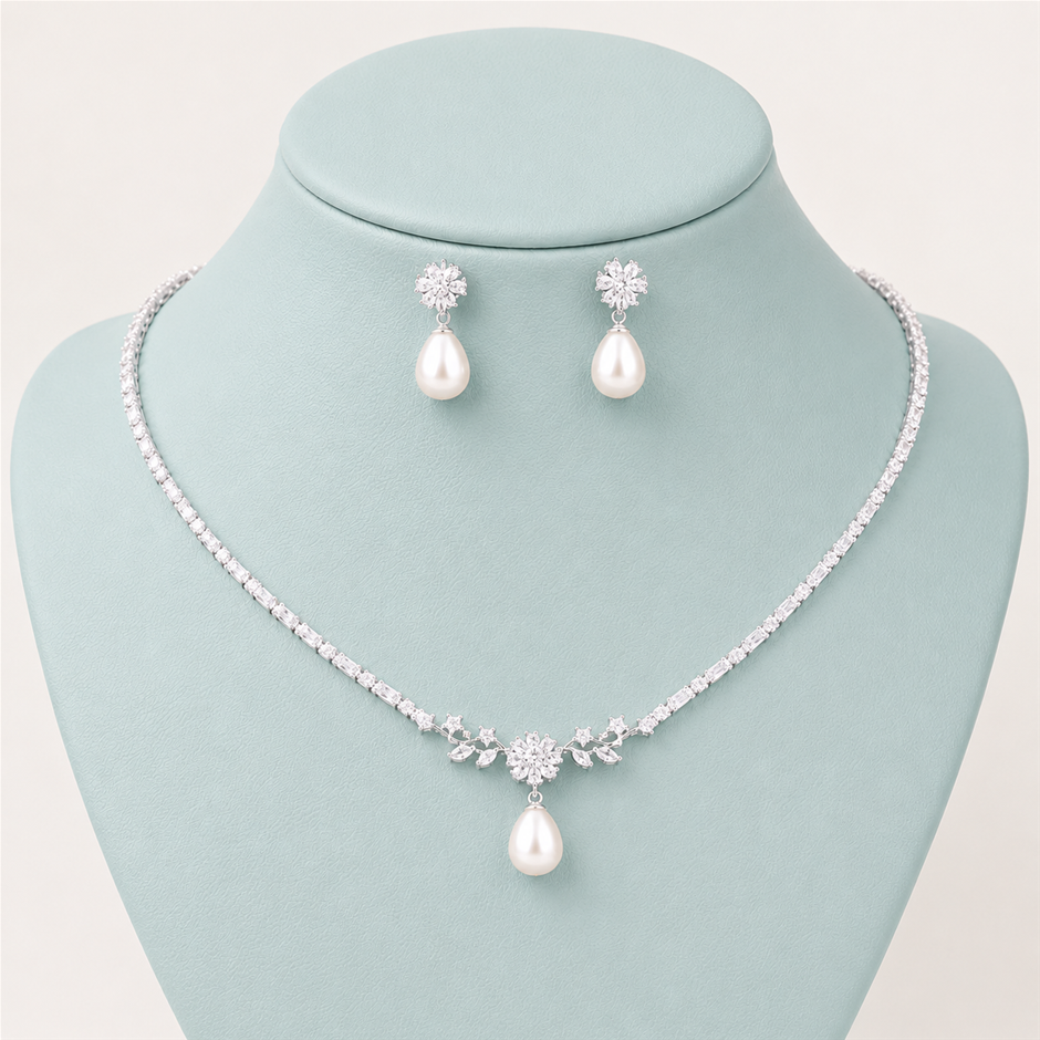 Flower and Faux Pearl Motif AAA+ Cubic Zirconia Jewellery Set
