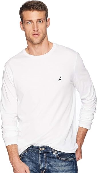 NAUTICA Men's Crew Neck Long Sleeve Basic T-Shirt, Bright White, Size S