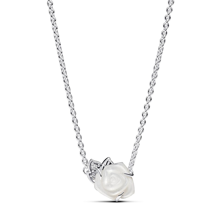White rose sterling silver collier with white bioresin man-made