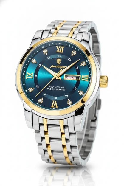 POEDAGAR Men's Blue Dial Two-Tone Day Date Quartz Watch with Gift Box