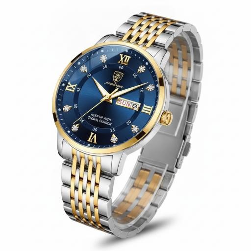 POEDAGAR Men's Two-Tone Blue Dial Quartz Watch with Gift Box