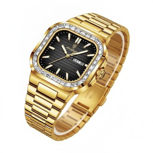POEDAGAR Men's Gold-Tone Watch with Simulated Diamond Bezel & Gift Box