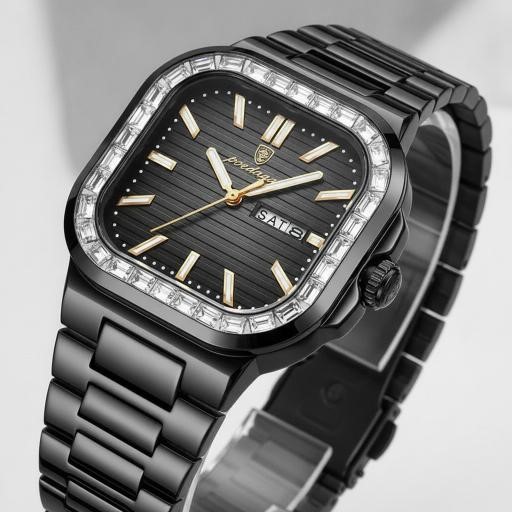 POEDAGAR Men's Black Simulated Diamond Watch with Premium Gift Box