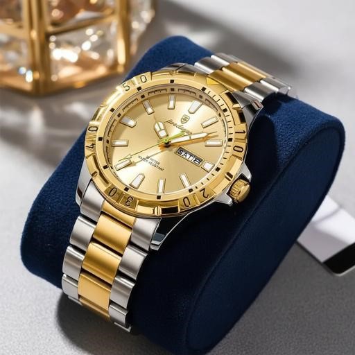 POEDAGAR Men's Two-Tone Gold & Silver Day Date Quartz Watch with Gift Box