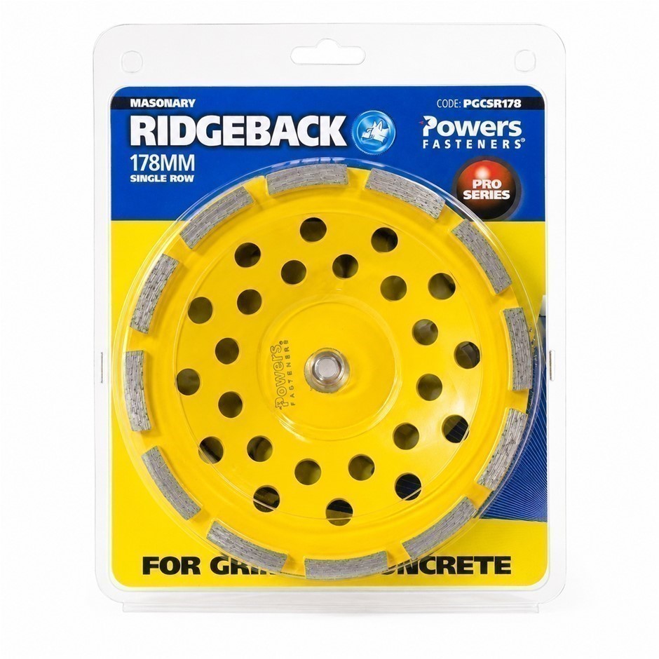 POWERS RIDGEBACK 178mm Diamond Single Row Concrete Grinding Cup, Yellow, PG